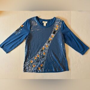 Blue 3/4 sleeve Halloween blouse sequine candy corn spiders web size large